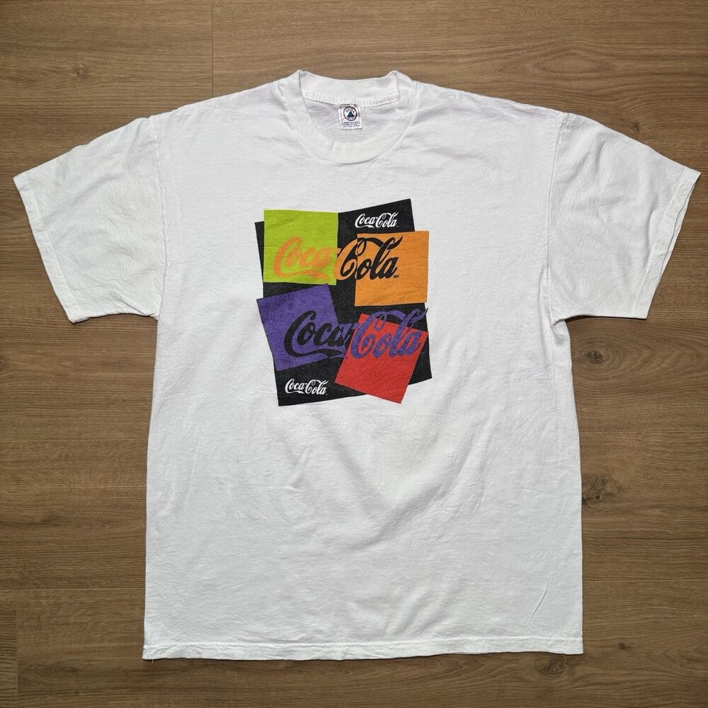 Vintage Coca Cola Shirt Mens XL White Coke Soda Pop Colorblock Multi Logo 90s